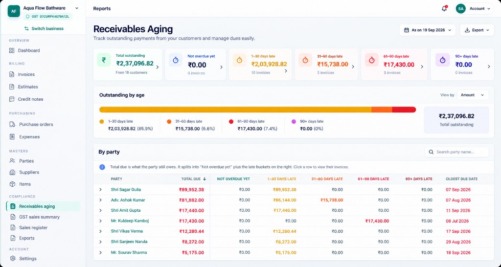 EasyHisab receivables aging report with overdue buckets and party-wise outstanding